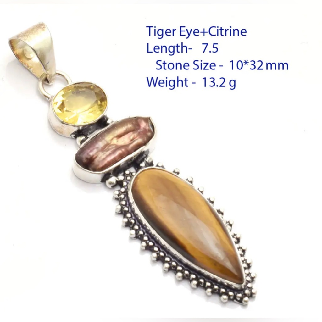 Tiger Eye And Citrine 925 Silver Overlay Pendant 58$